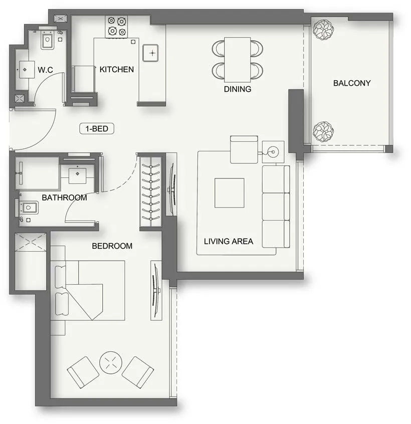 Binghatti Cullinan 1 bed floor plan, 777 sqft