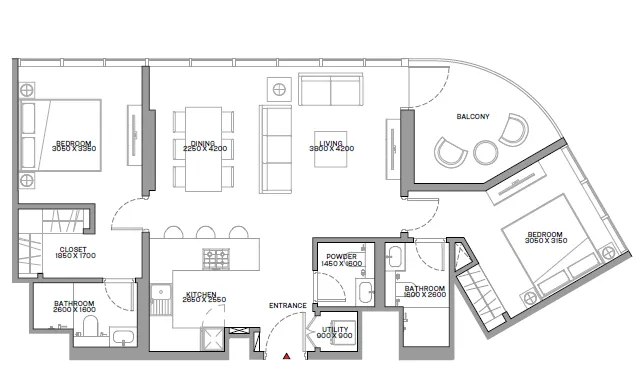 Beach Residences at Siniya Island 2 bed floor plan, 1,030 – 1,037 sqft