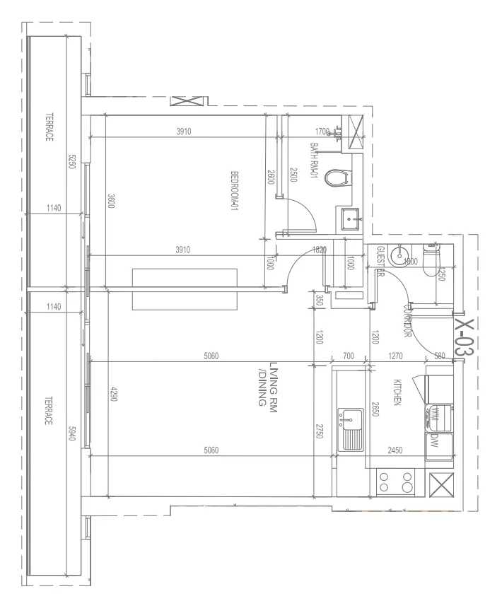 Blue Bay Walk 1 bed floor plan, 990 sqft