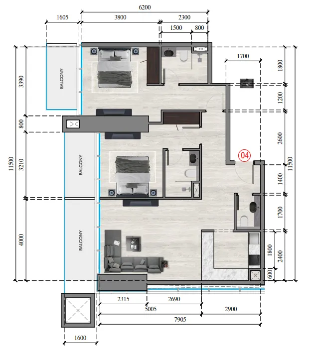 Auresta Tower 2 bed floor plan, 1,139 sqft