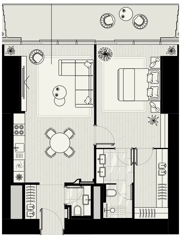 Iconic Tower 1 bed floor plan, 1,110 – 1,117 sqft