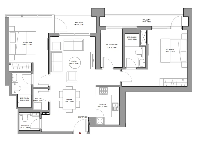 Sobha Solis 2 bed floor plan, 1,148 sqft