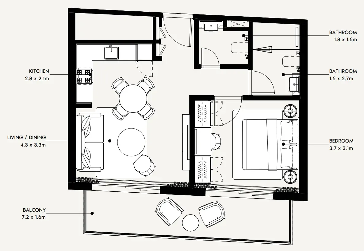 Azizi Noura 1 bed floor plan, 675 sqft