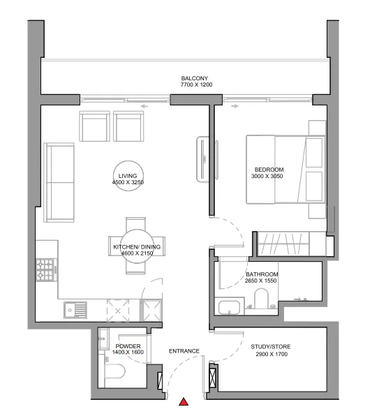Sobha Orbis 1 bed floor plan, 732 sqft