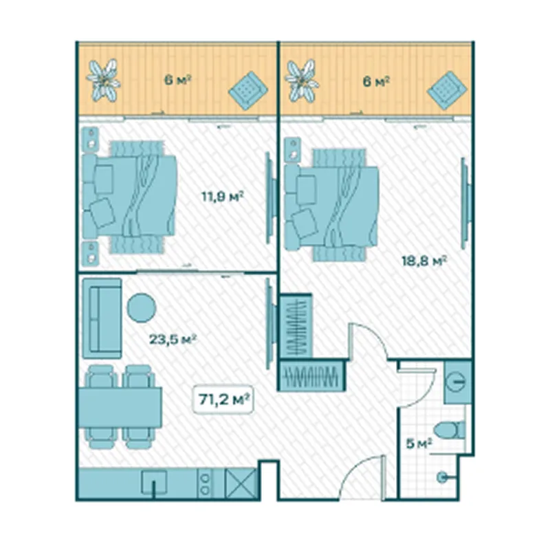 Sun Hills Lakeside 2 bed floor plan, 829 sqft