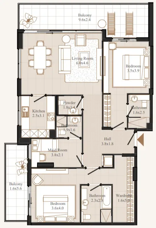 Flamingo LUX 2 bed floor plan, 1,693 sqft