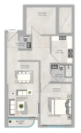 Azha Views Residences 1 bed floor plan, 1,049 – 1,106 sqft