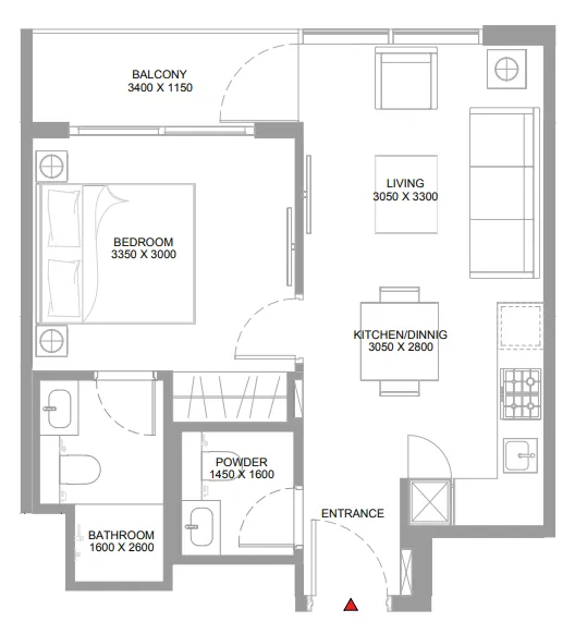 Pristine Beach Residences 1 bed floor plan, 515 sqft