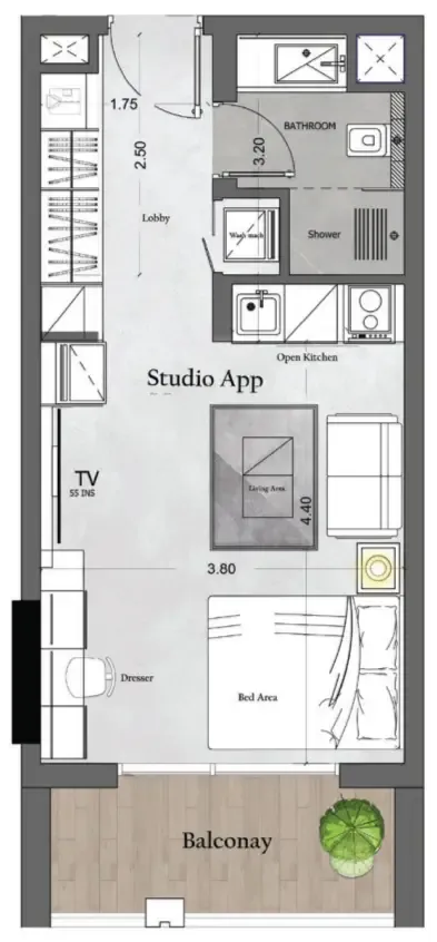 Saray Prime Residence Studio floor plan, 416 sqft
