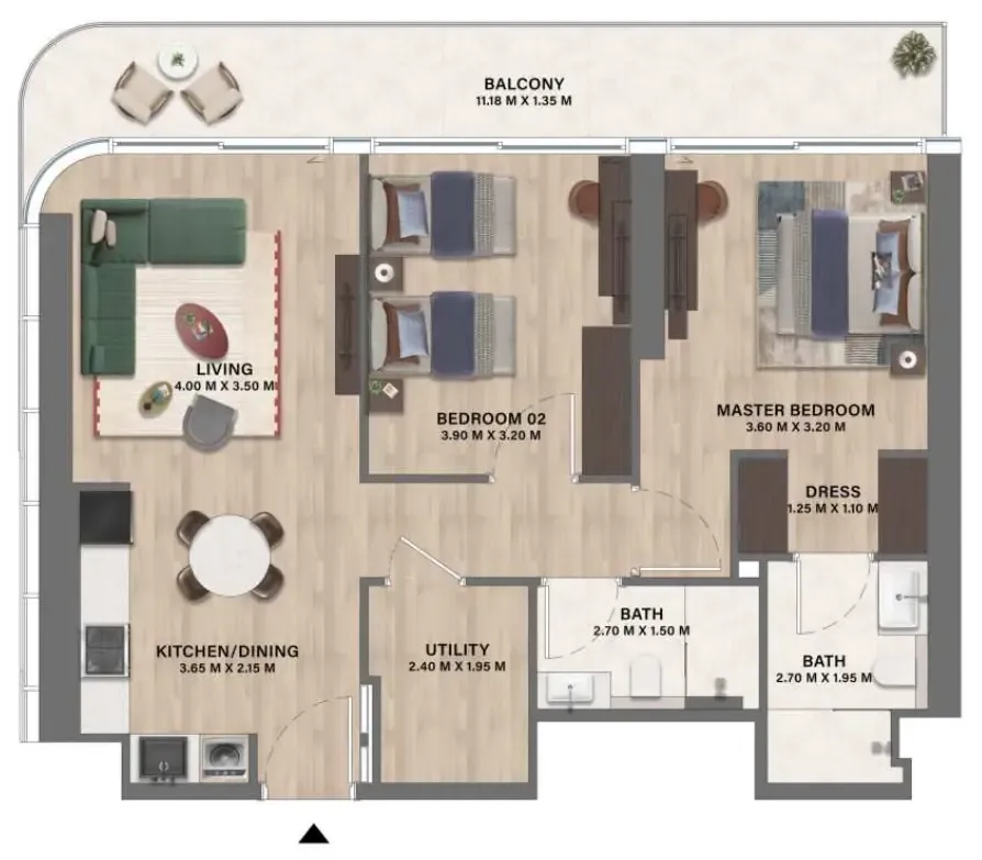 Mövenpick Residences Dubai Motor City Phase 1 2 bed floor plan, 991 sqft