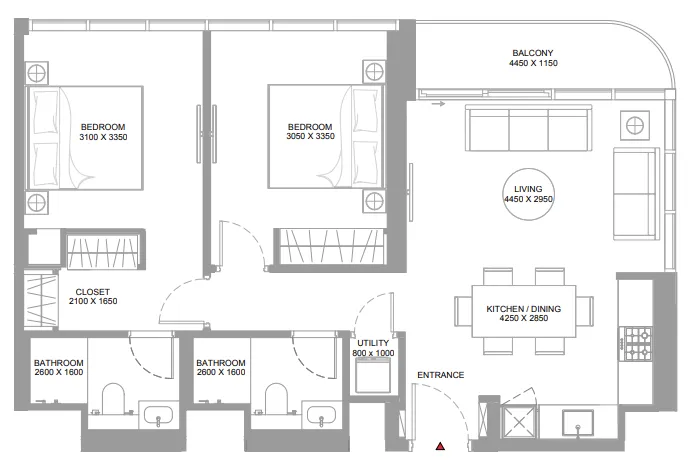 Canalside Marina Residences 2 bed floor plan, 870 – 872 sqft