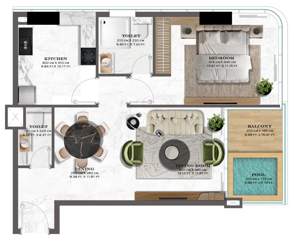Lazord by Lapis Phases 1 and 2 1 bed floor plan, 808 – 832 sqft
