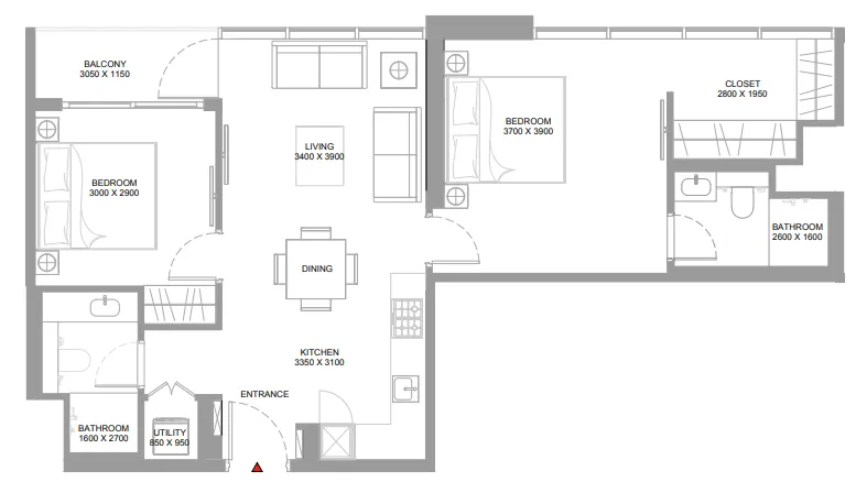 Pristine Beach Residences 2 bed floor plan, 842 sqft