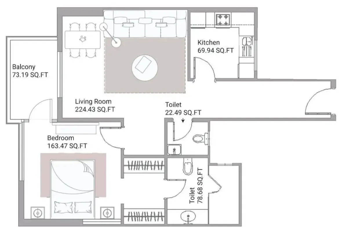 Ajman Creek Towers 1 bed floor plan, 1,104 sqft