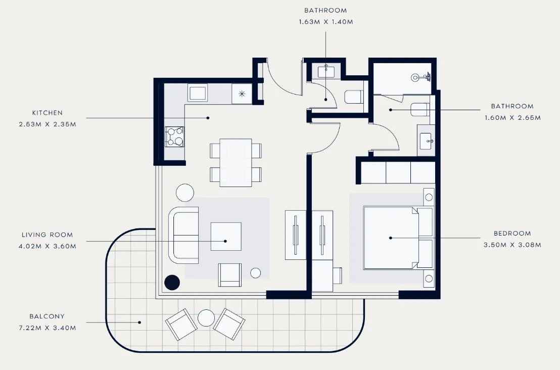 Azizi Venice 1 bed floor plan, 707 sqft