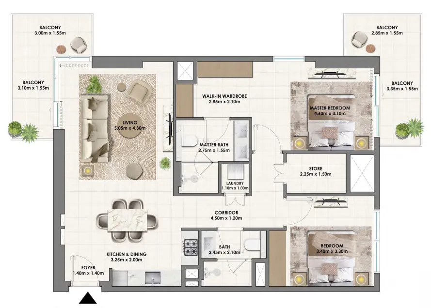 Parkwood Emaar 2 bed floor plan, 1,302 sqft