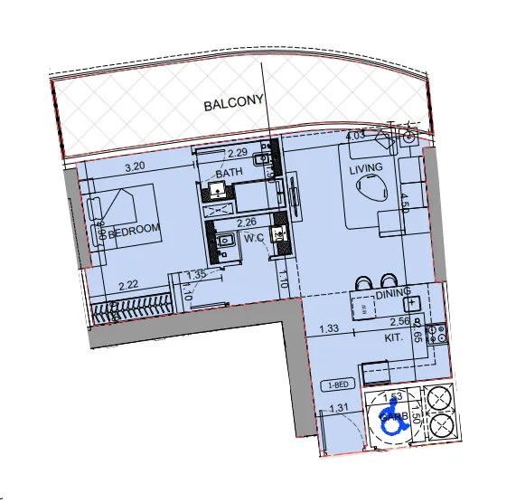 Binghatti Aquarise 1 bed floor plan, 881 sqft