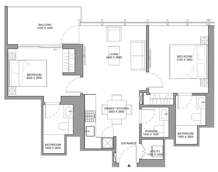 Sobha Aquamont 2 bed floor plan, 792 sqft
