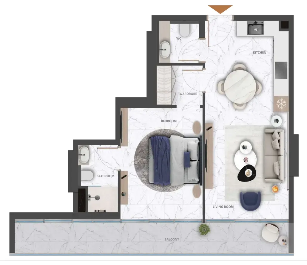 Wadi Hills 1 bed floor plan, 734 sqft