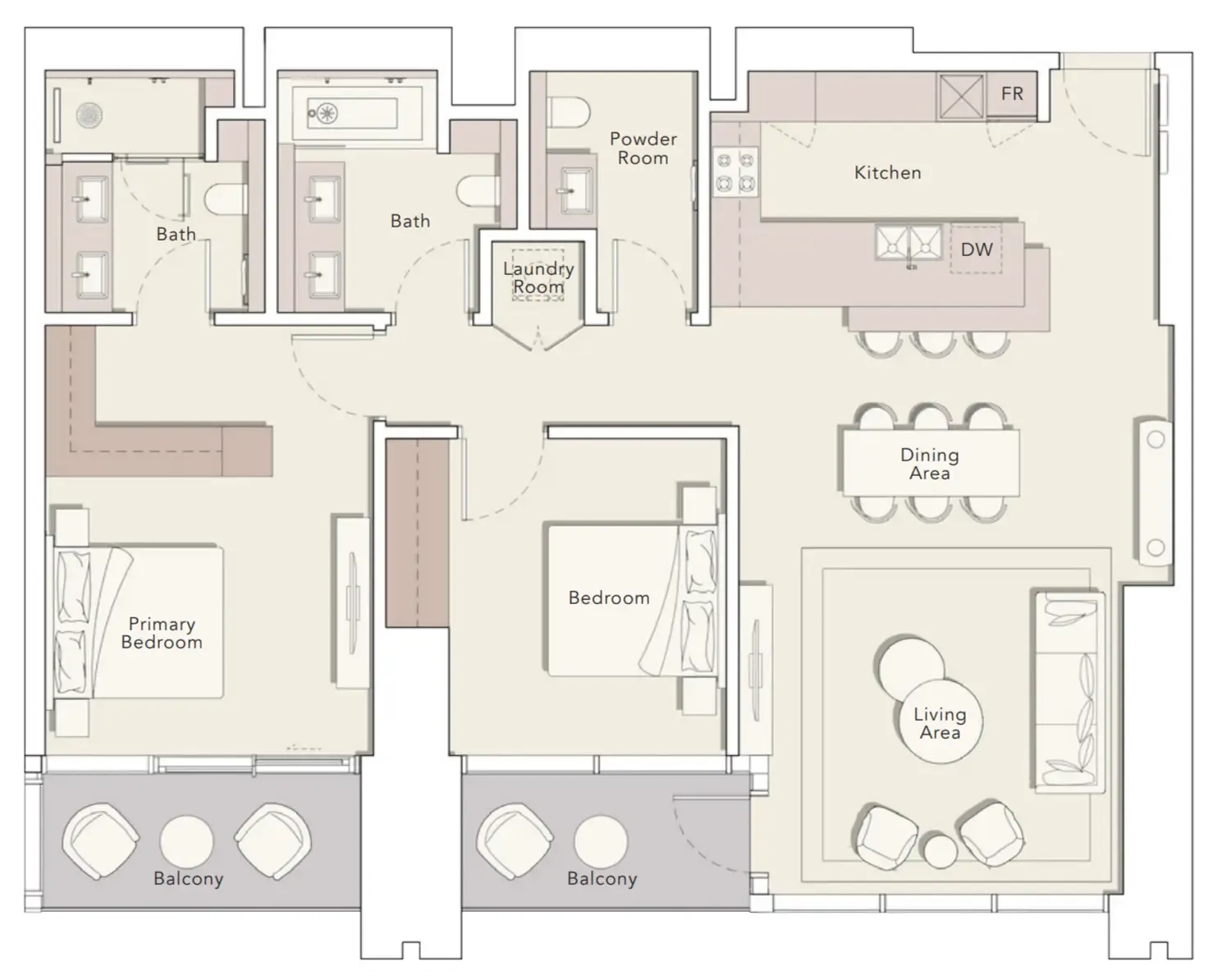 One River Point 2 bed floor plan, 1,480 sqft