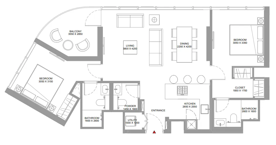 Pierside Marina Residences 2 bed floor plan, 1,021 – 1,022 sqft
