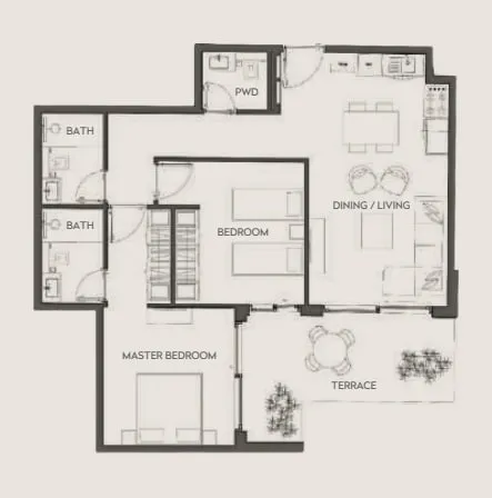 Hawa Residence 2 bed floor plan, 881 – 1,184 sqft