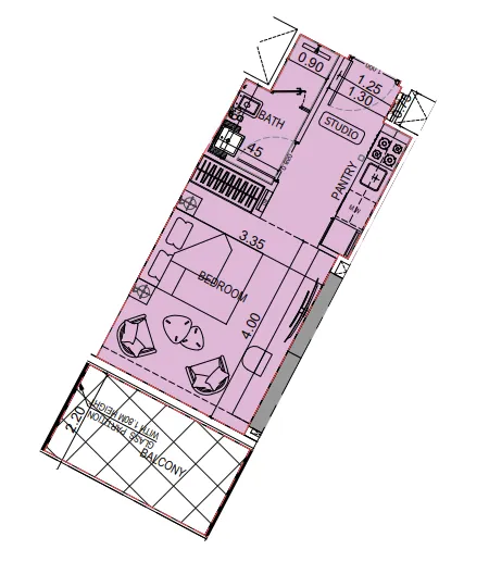 Binghatti Flare Studio floor plan, 384 sqft