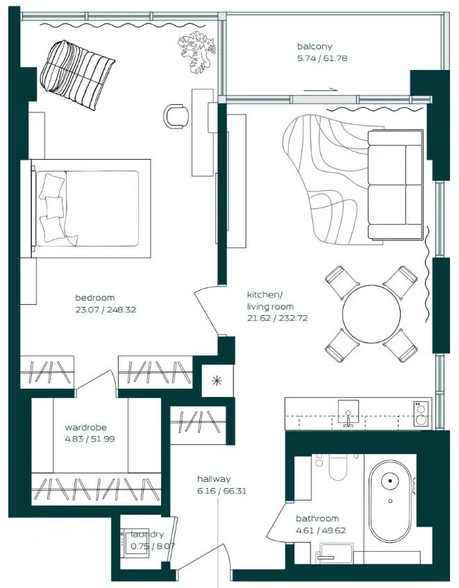 Vibe 1 bed floor plan, 806 sqft