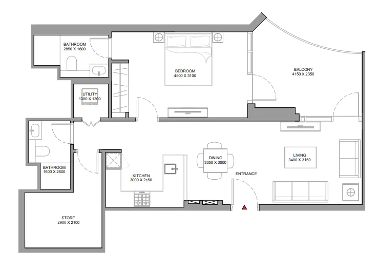 Skyvue Spectra 1 bed floor plan, 968 sqft