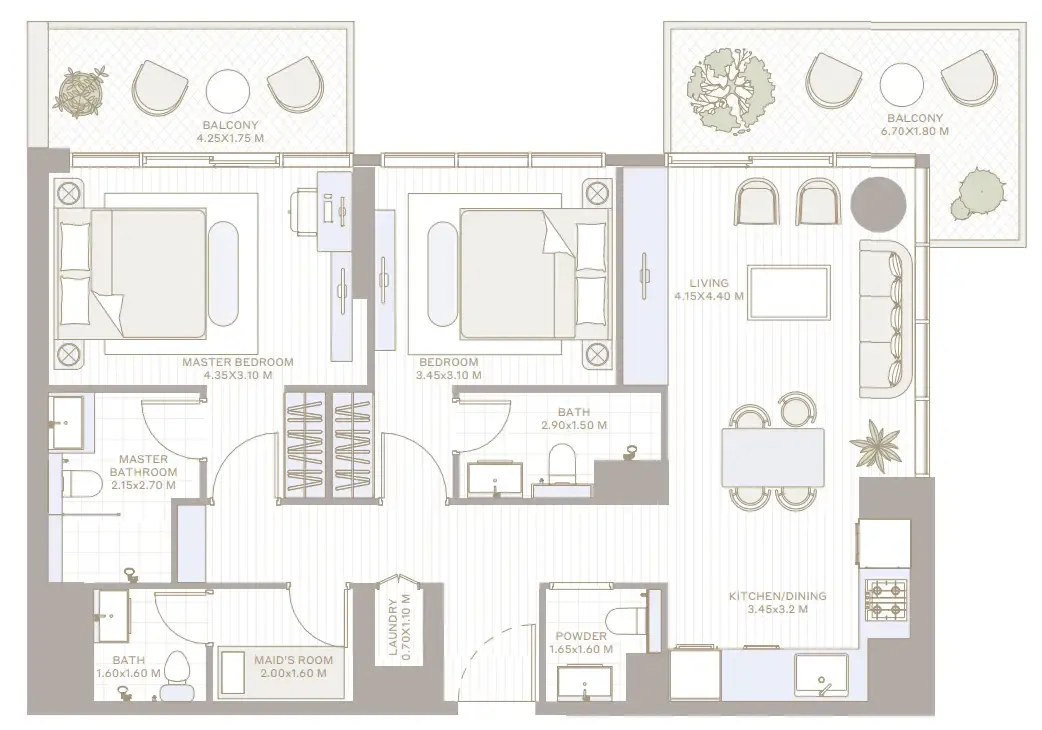 Alder in Park Five 2 bed floor plan, 1,245 – 1,257 sqft