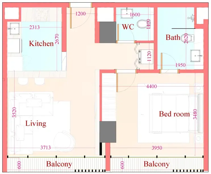 Playa Viva 1 bed floor plan, 617 sqft
