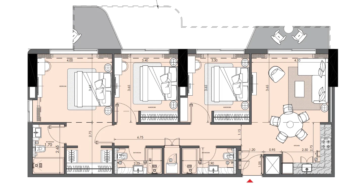 Azizi Wasel 3 bed floor plan, 1,364 sqft