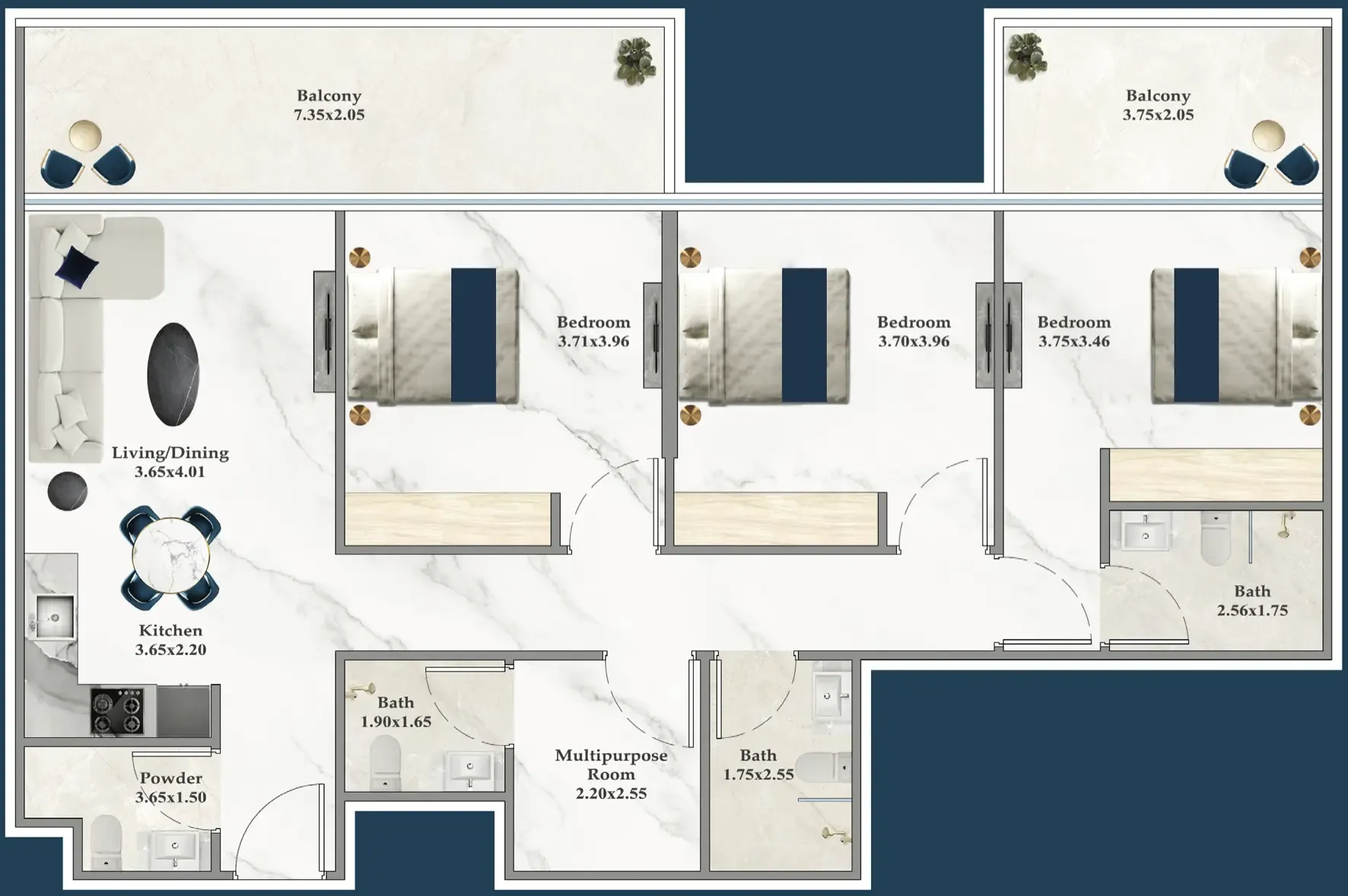 Serenz 3 bed floor plan, 1,307 sqft