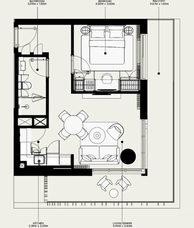 Azizi Venice 1 bed floor plan, 827 sqft