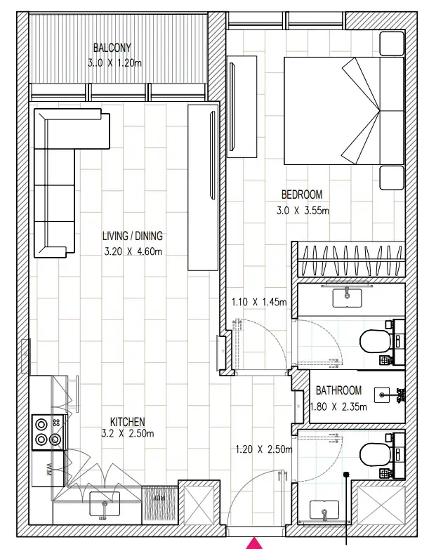 Al Mamsha Sharjah 1 bed floor plan, 593 sqft