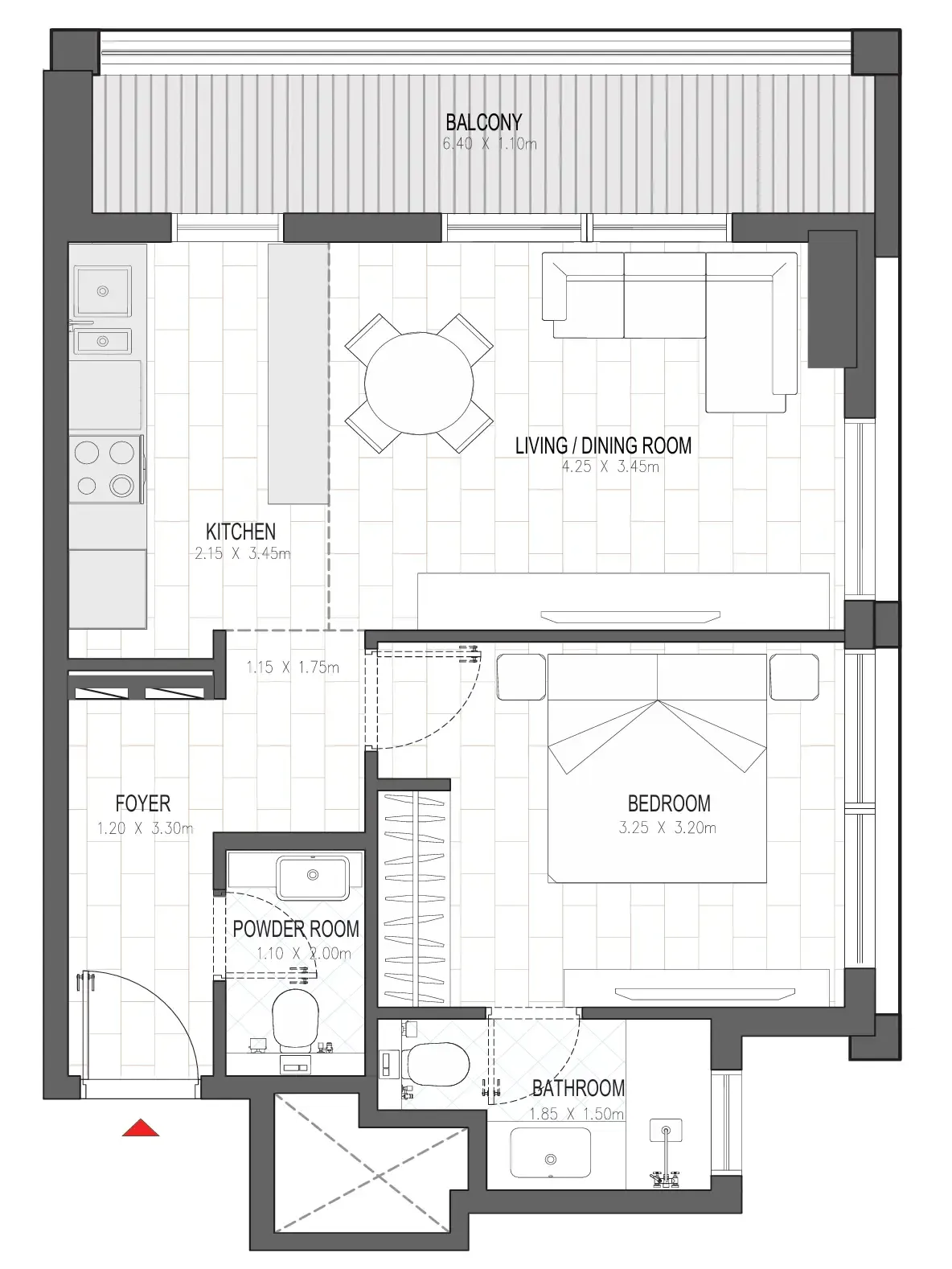 Olfah 1 bed floor plan, 668 sqft