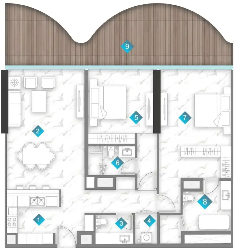 Aqua Arc 2 bed floor plan, 1,750 sqft