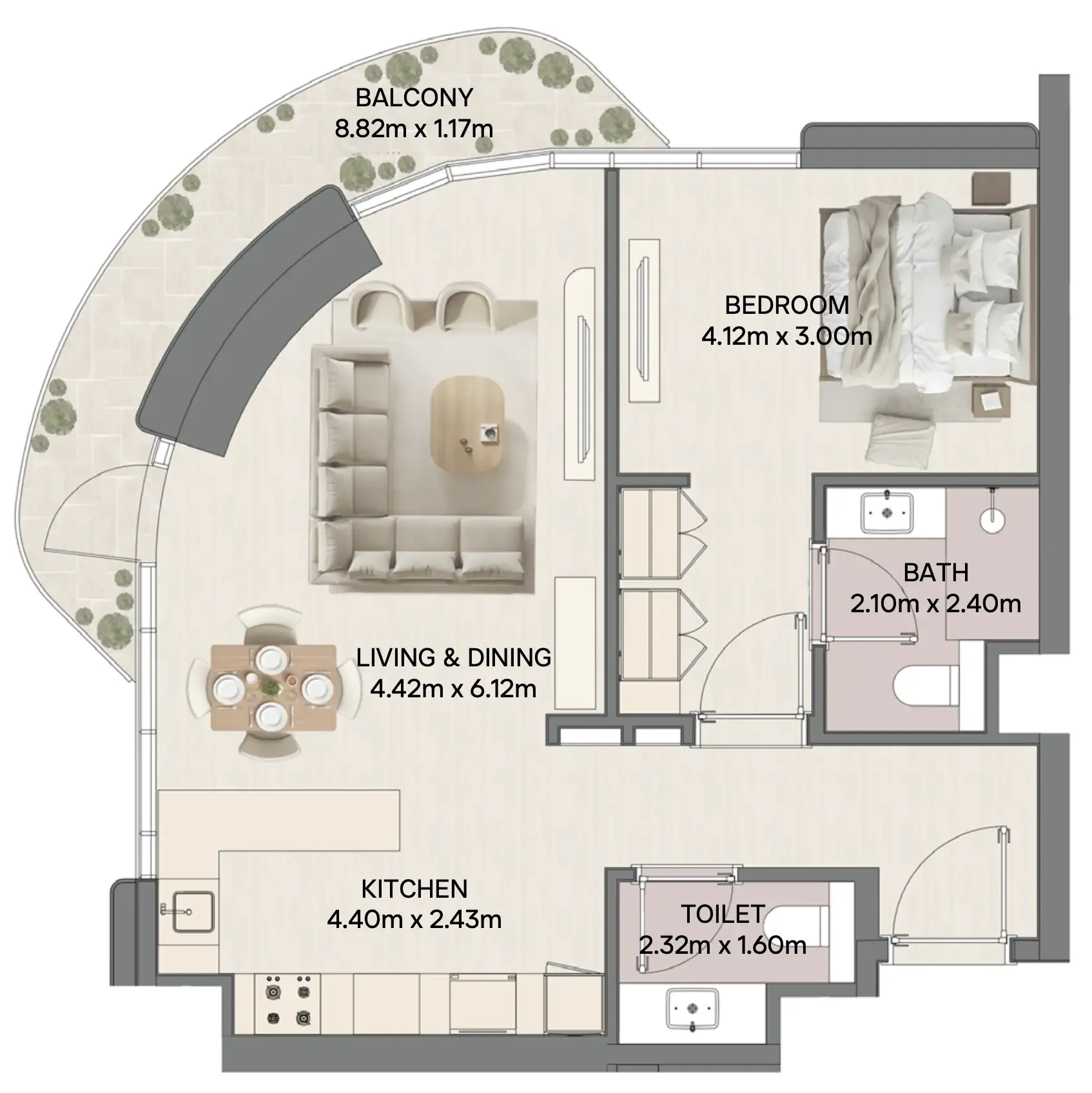 Mirasol II 1 bed floor plan, 890 sqft