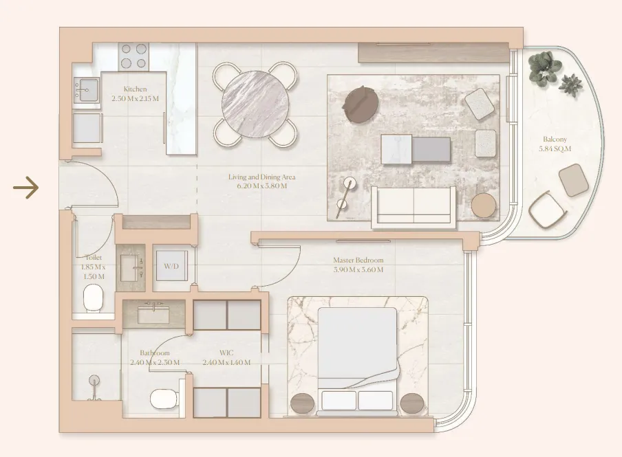 Esme Beach Residences 1 bed floor plan, 752 sqft
