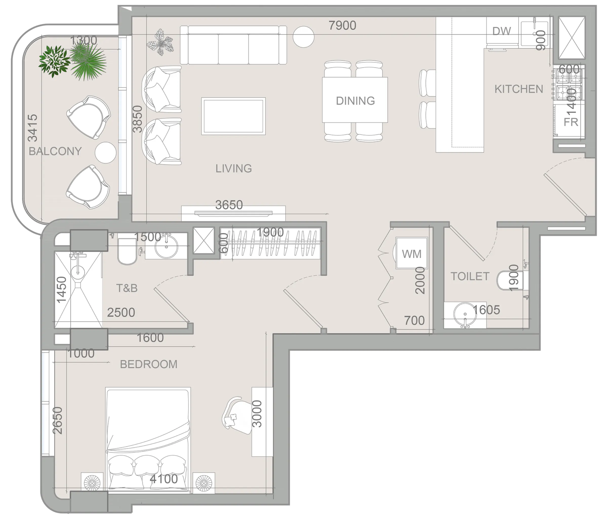 S1LV1ANA Park 1 bed floor plan, 791 sqft