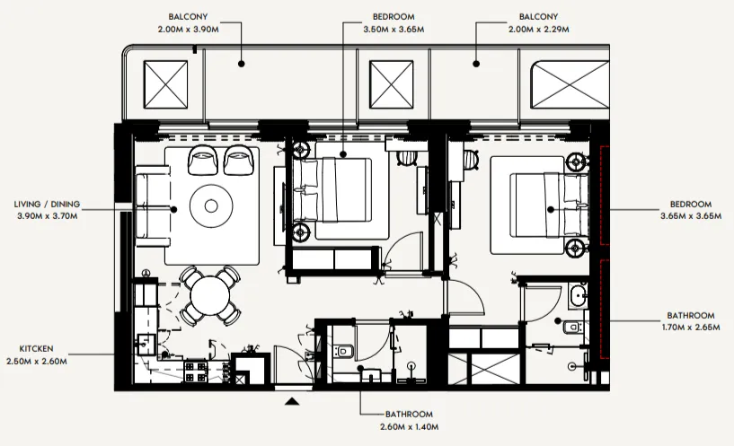 Azizi Wasel 2 bed floor plan, 967 sqft