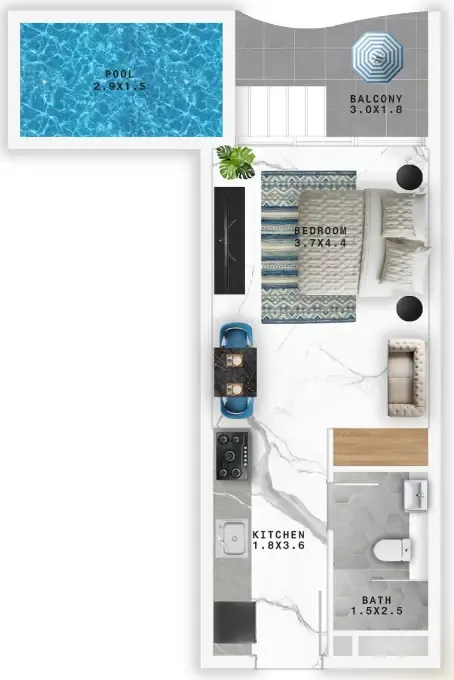 Samana Santorini Studio floor plan, 458 sqft