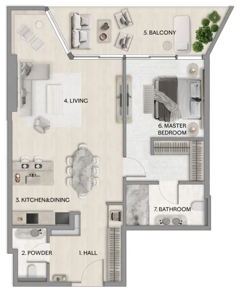 Riviera Residence 1 bed floor plan, 935 – 1,020 sqft