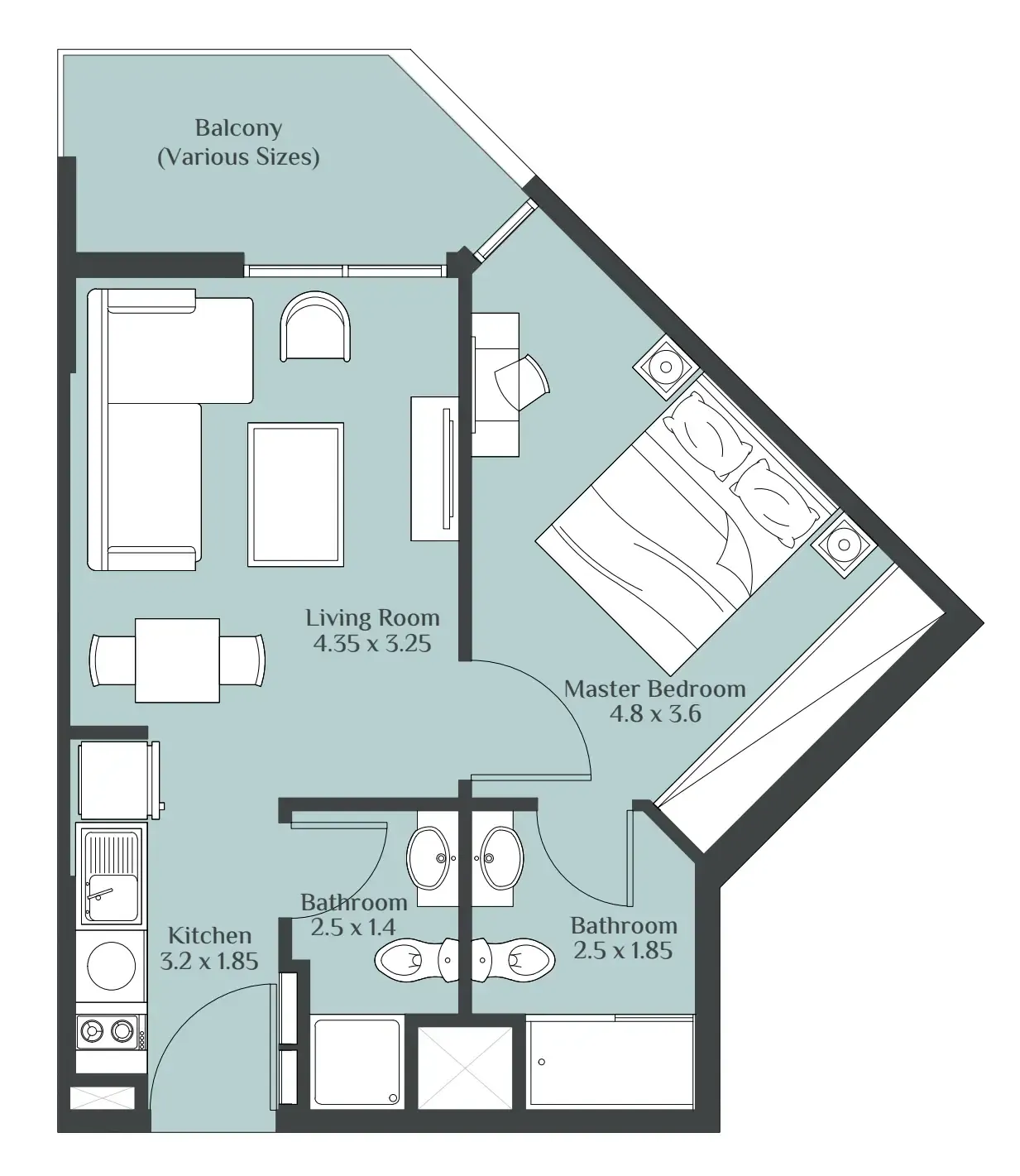 Rukan Tower 1 bed floor plan, 535 sqft