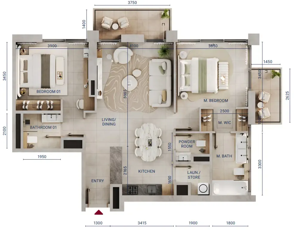 Mirdad 2 bed floor plan, 1,112 sqft