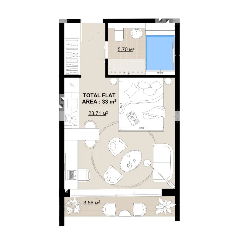 Buddha Club House Studio floor plan, 355 sqft