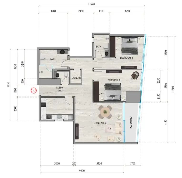Al Ghaf Tower 2 bed floor plan, 1,271 sqft
