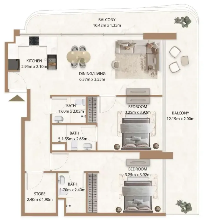 Veda by AUM Development 2 bed floor plan, 1,398 sqft