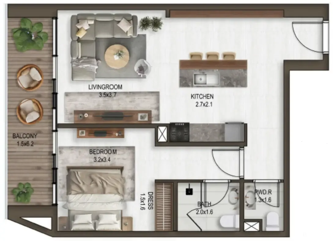 Noore 1 bed floor plan, 769 sqft