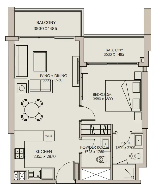 Nirvana Residences 1 1 bed floor plan, 733 sqft